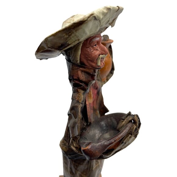 Vintage Mexican Paper Mache Folk Art Figure Of Man With Pottery On Wooden Base - Picture 12 of 16